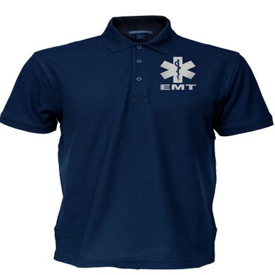 EMT Polo in Navy with Silver/Reflective Logos on Left Chest and Back, Easy Care Polo in Pique Fabric.