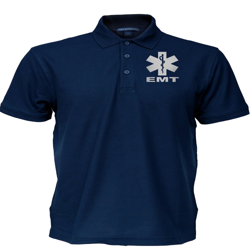 EMT Polo in Navy with Silver/Reflective Logos on Left Chest and Back, Easy Care Polo in Pique Fabric.