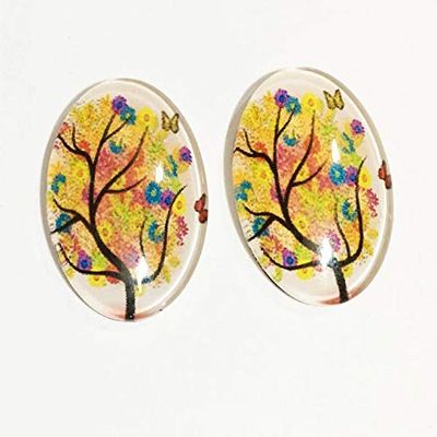 10 Glass cabochon with Tree Life Print 18x25mm, Flat Oval cabochon, Autumn Tree cabochon