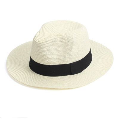 Fuaisi Wide Brim Straw Panama Sun Hat for Women Summer Travel Beach Hat Fedora UPF50 + A-White