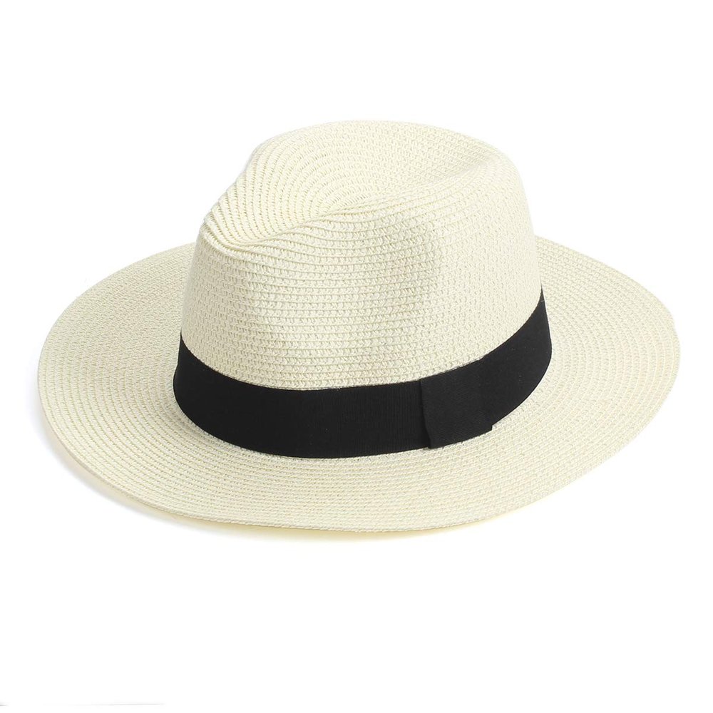 Fuaisi Wide Brim Straw Panama Sun Hat for Women Summer Travel Beach Hat Fedora UPF50 + A-White