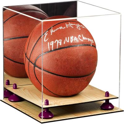 Better Display Cases Basketball Holder Clear Full Size Acrylic Display Case with Purple Risers ,Wood Two Tiered Base ,Mirror Back 11" L x 11" W x 11" H (A001-PR)