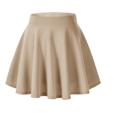 Afibi Casual Mini Stretch Waist Flared Plain Pleated Skater Skirt (X-Small, Khaki)