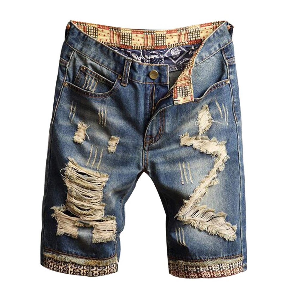HZCX FASHION Men's Vintage Slim Fit Distressed Denim Shorts Cut-Off Jean Short(Blue,31)