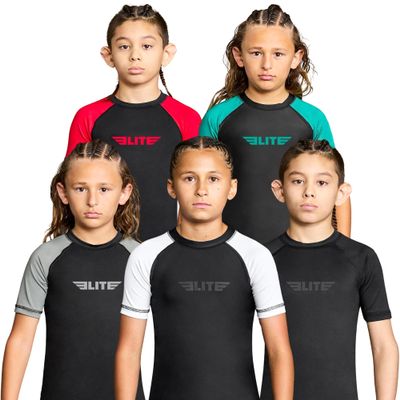 Elite Sports Kids Jiu Jitsu BJJ Rash Guard, Short Half Sleeve Compression Shirt for Youth Boys Girls Sports Nogi Training Grey