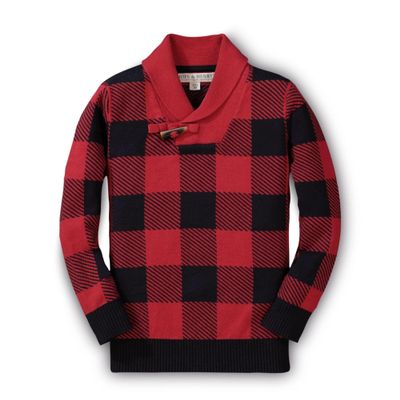 Hope & Henry Boy Baby Boys' Long Sleeve Intarsia Shawl Collar Toggle Sweater, 6-12 Months, Red Buffalo Check
