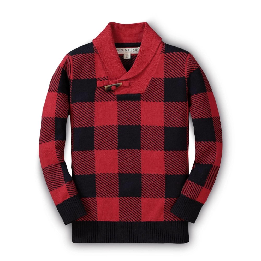 Hope & Henry Boy Baby Boys' Long Sleeve Intarsia Shawl Collar Toggle Sweater, 6-12 Months, Red Buffalo Check