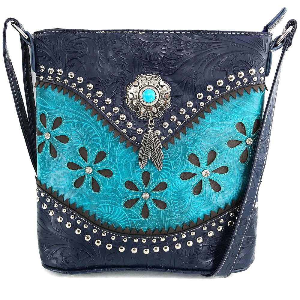 Zelris Floral Western Pu Tooled Leather Turquoise Concho Feathers Women Concealed Carry Crossbody Messenger Bag (Turquoise)