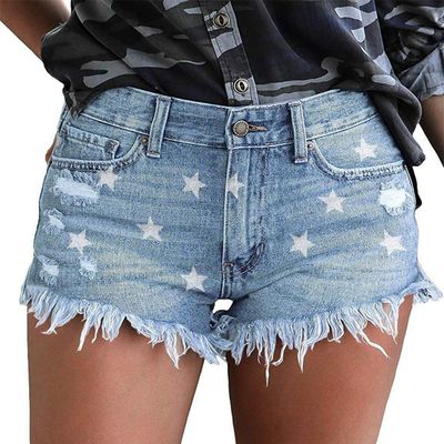 onlypuff Frayed Jean Shorts for Women Star Denim Shorts Mid Waist Distressed Shorts Ripped Blue Jeans S