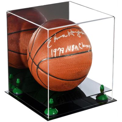 Better Display Cases Basketball Holder Clear Full Size Acrylic Display Case with Green Risers ,Black Two Tiered Base ,Mirror Back 11" L x 11" W x 11" H (A001-GRR)
