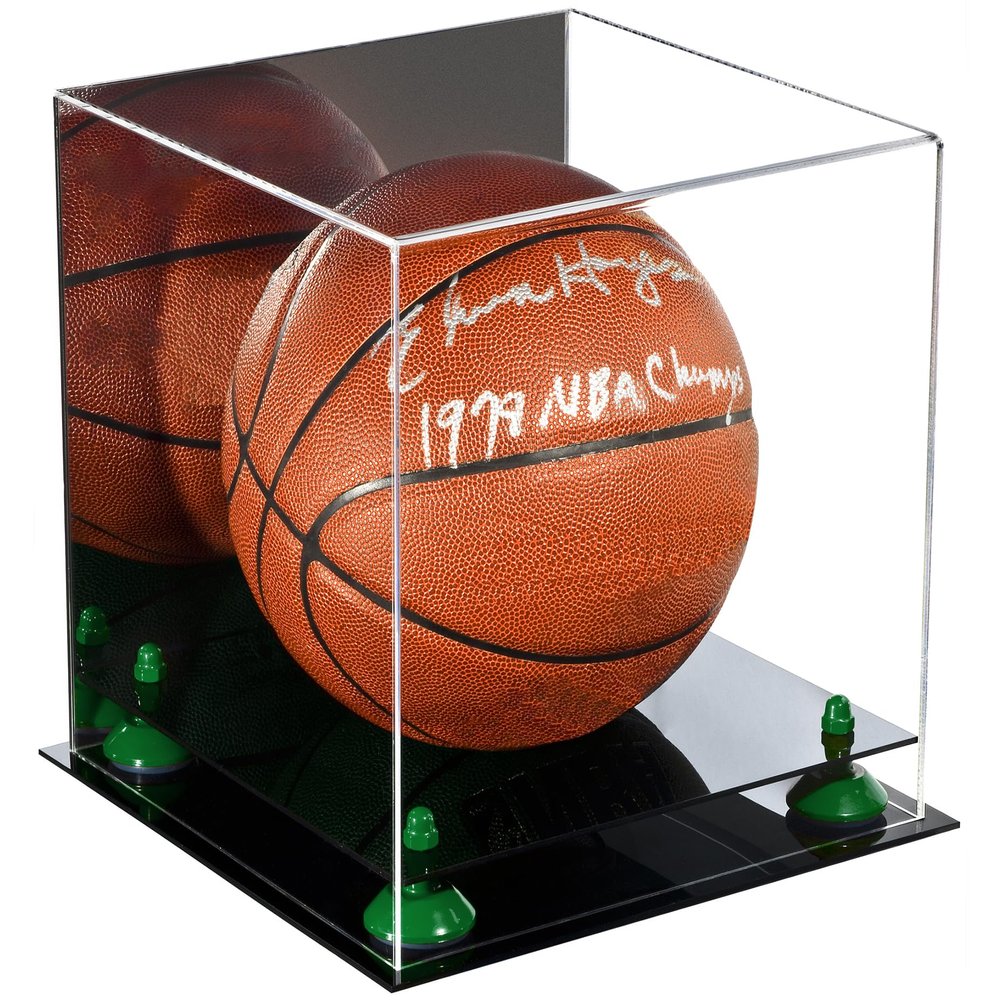 Better Display Cases Basketball Holder Clear Full Size Acrylic Display Case with Green Risers ,Black Two Tiered Base ,Mirror Back 11" L x 11" W x 11" H (A001-GRR)
