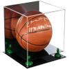 Better Display Cases Basketball Holder Clear Full Size Acrylic Display Case with Green Risers ,Black Two Tiered Base ,Mirror Back 11" L x 11" W x 11" H (A001-GRR) view 1