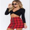 ebossy Women's Chic Ring Zipper Front High Waisted Bodycon Plaid Mini Pencil Skirt (X-Small, Red) view 3