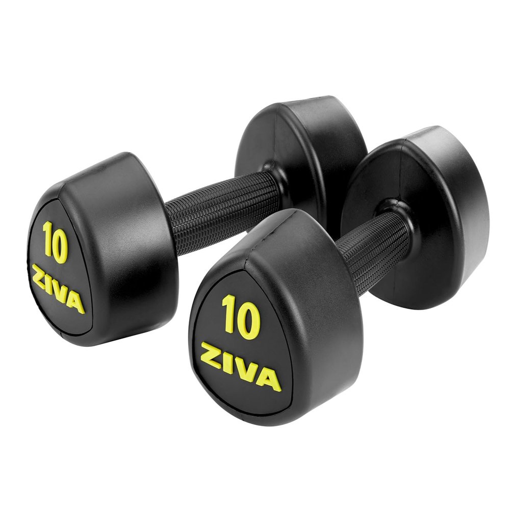 ZIVA RPU Tribell Dumbbell Pairs - Hard Wearing Rubber Urethane Encasing, Textured Ergonomic Grip, Steel Core | Hand Weights for Exercise and Strength Training - 10 lb, Black