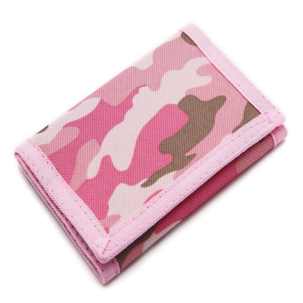 RFID Trifold Canvas Outdoor Sports Wallet for Kids - Front Pocket Wallet with Magic Sticker (Pink Camouflage)