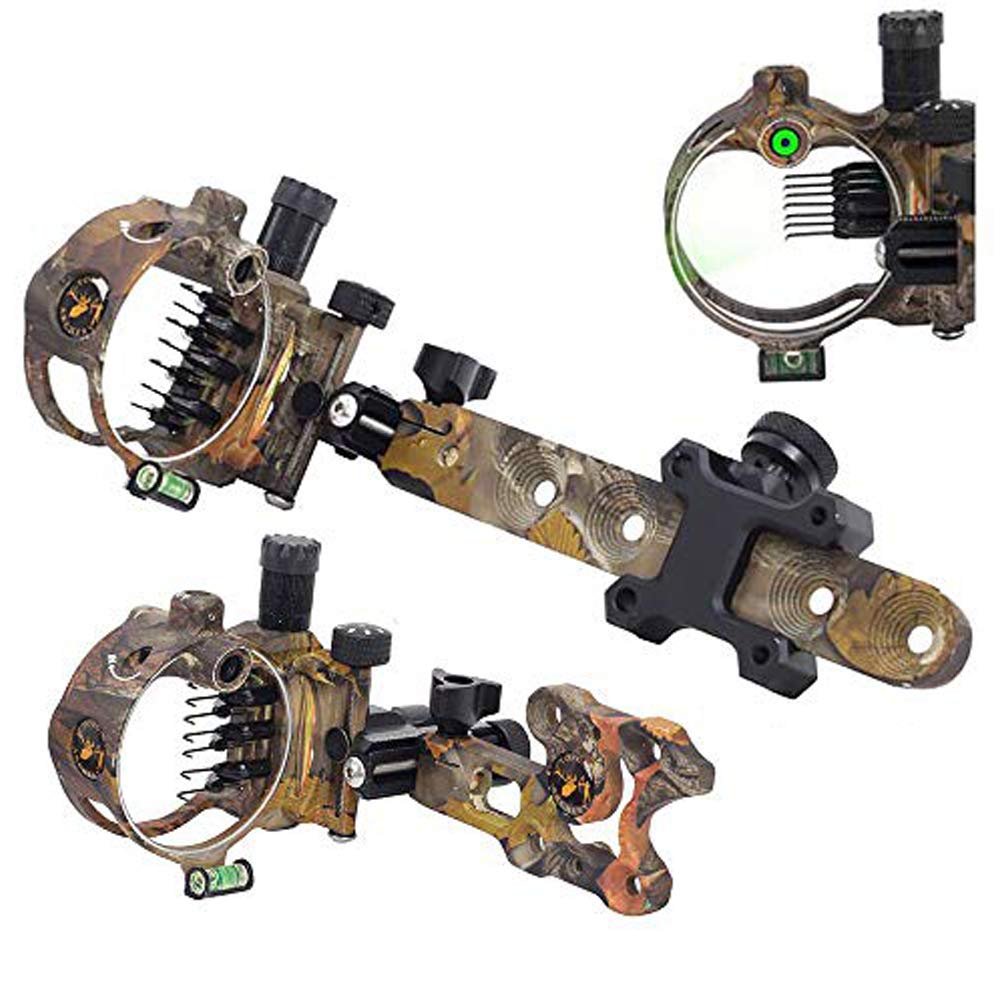 ZSHJGJR Archery Bow Sight 5 Pin 0.019 Optical Fiber Sight CNC Aluminum Horizontal Vertical Adjustment for Compound Bow Sight Accessory (Camo-Short-7 pins)