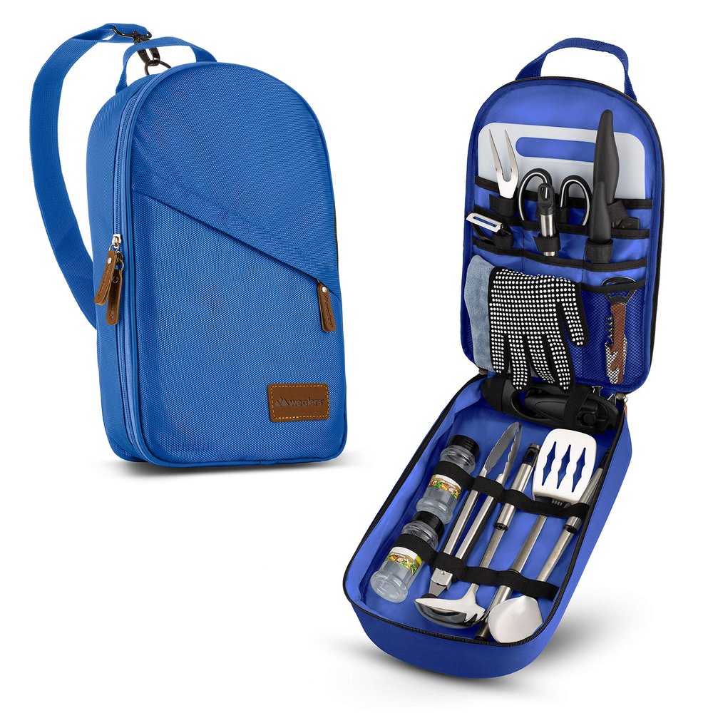 17 Pieces Camp Kitchen Cooking Utensil Set Travel Organizer Grill Accessories Portable Compact Gear for Backpacking BBQ Camping Hiking Travel Cookware Kit Water Resistant Case (Blue)