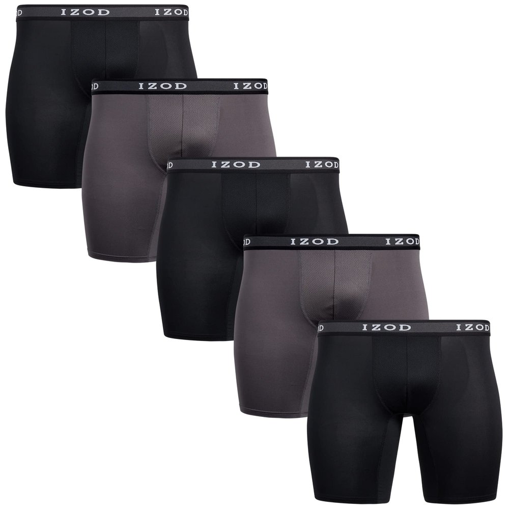Izod Men's 5 Pack Performance Cycle Boxer Brief Underwear, Black/Smoked Pearl/Black/Smoked Pearl/Black, S