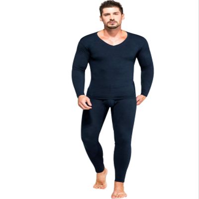 Jueshanzj Men's Solid Color V-Neck Thermal Underwear Set XL Navy