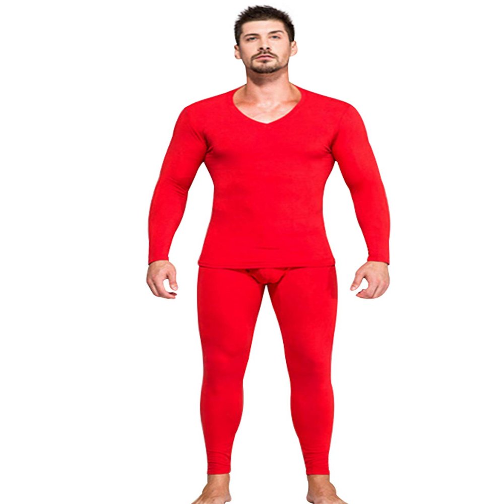 Jueshanzj Men's Solid Color V-Neck Thermal Underwear Set L Rot