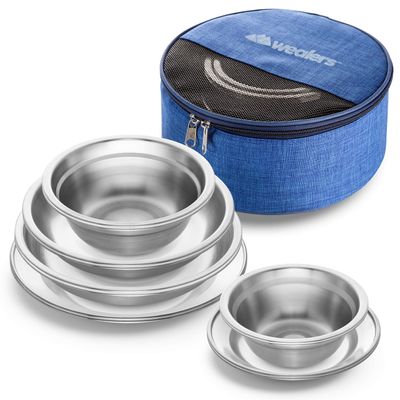 Wealers Stainless Steel Plates and Bowls Camping Set Small and Large Dinnerware for Kids, Adults, Family | Camping, Hiking, Beach, Outdoor Use | Incl. Travel Bag (12 Piece Set)