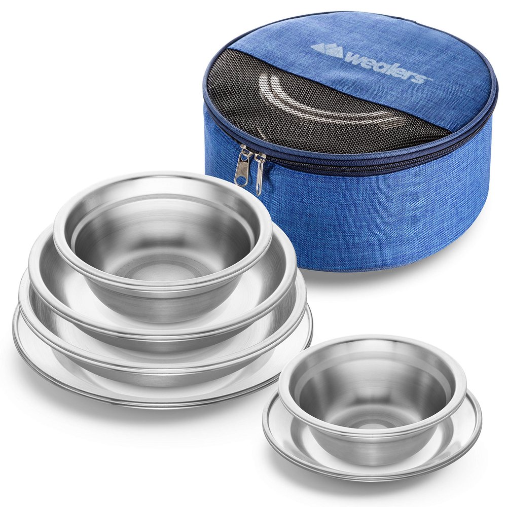 Wealers Stainless Steel Plates and Bowls Camping Set Small and Large Dinnerware for Kids, Adults, Family | Camping, Hiking, Beach, Outdoor Use | Incl. Travel Bag (12 Piece Set)