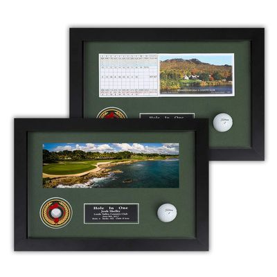 Golf HoleinOne Enclosed Shadowbox | 3 Frame Colors with Acrylic Front | Holds Golf Ball & Horizontal Scorecard or Photo | Engraved Plate