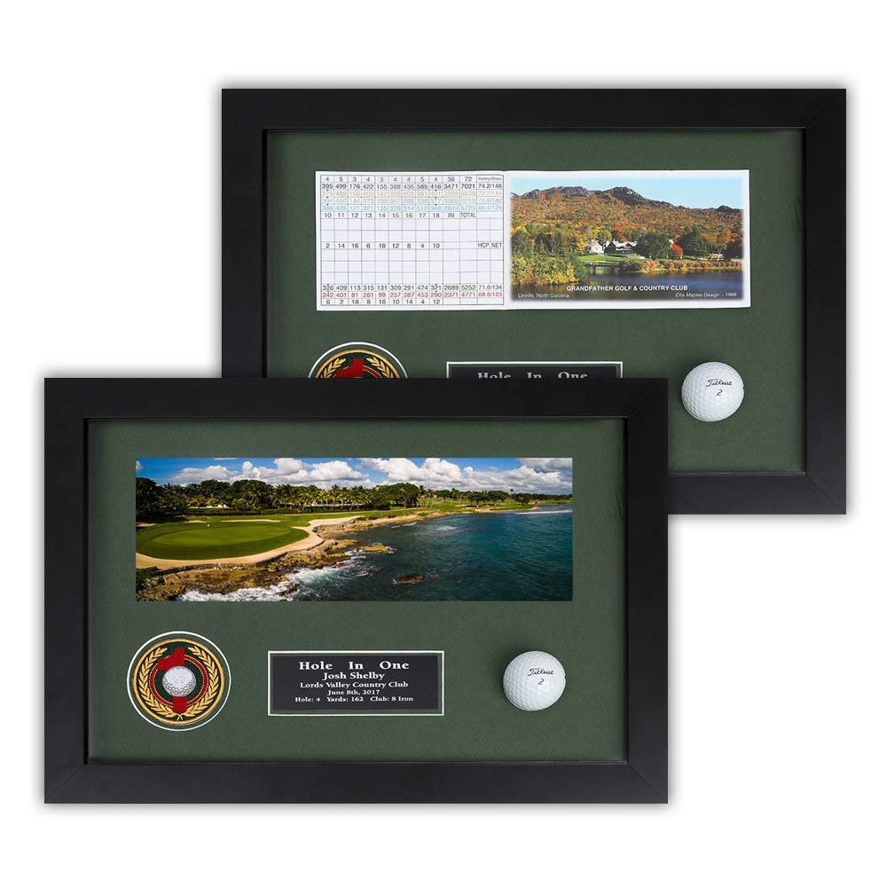 Golf HoleinOne Enclosed Shadowbox | 3 Frame Colors with Acrylic Front | Holds Golf Ball & Horizontal Scorecard or Photo | Engraved Plate