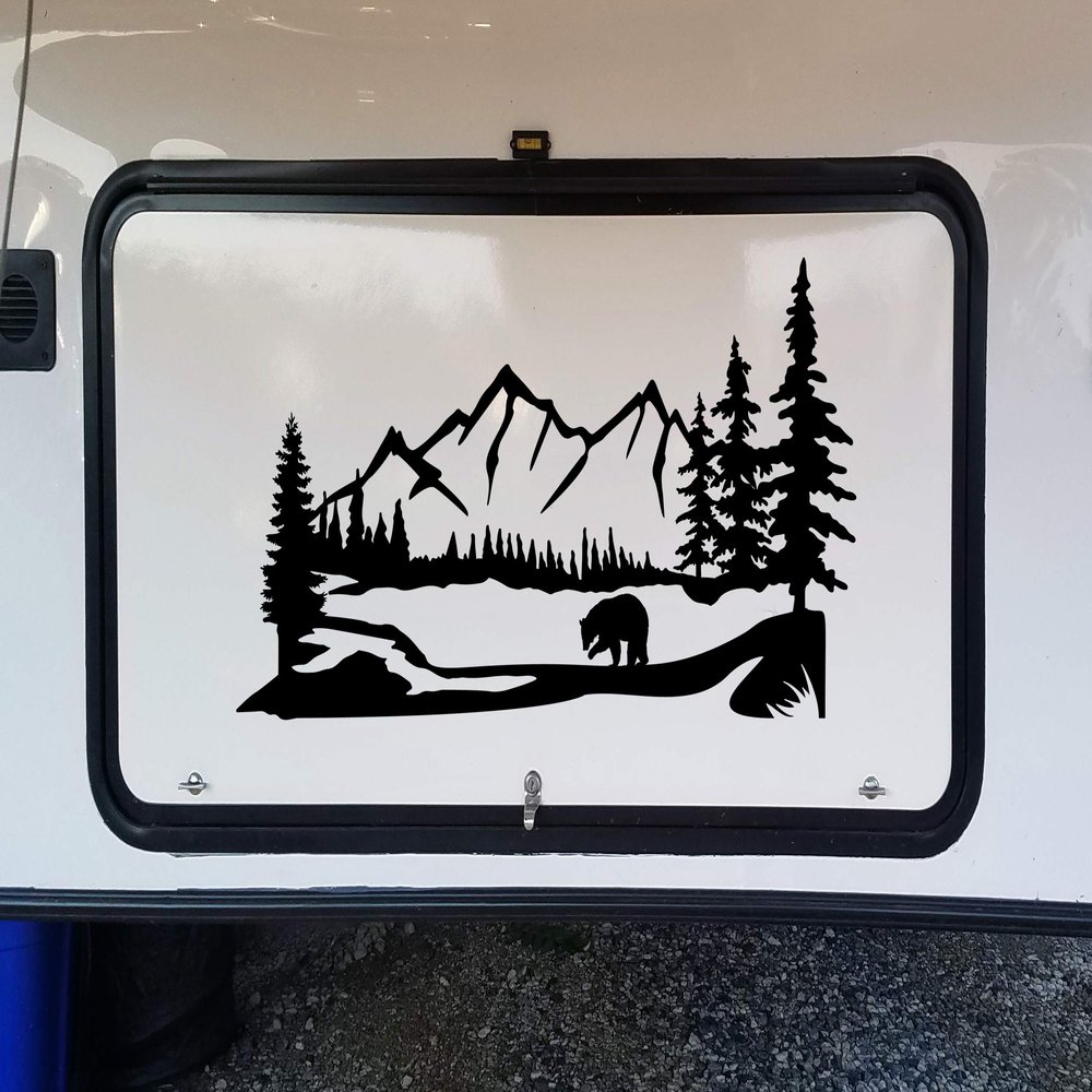 Minglewood Trading Bear Mountain Trees Scene Vinyl Sticker - Camper RV Travel Trailer Graphics - Die Cut Decal - 32w x 15.5h inches