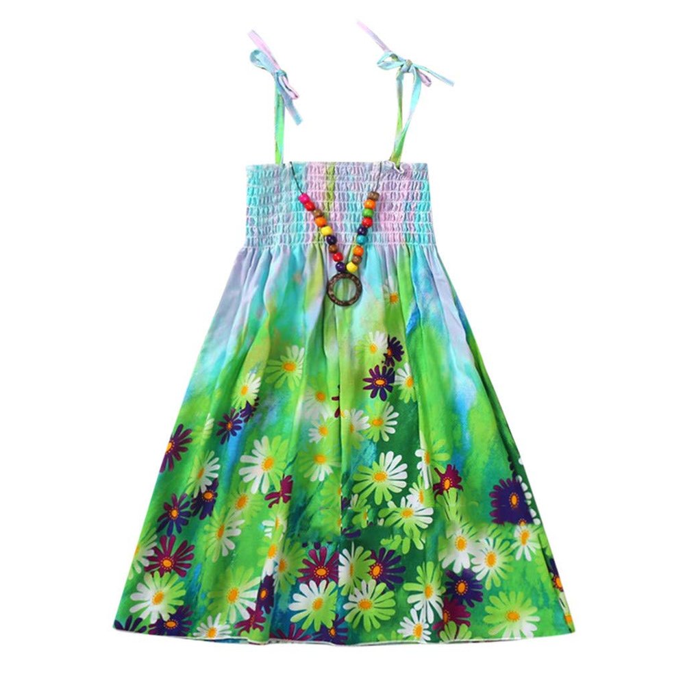 Baby Girls Sundress for 1-8 Years Old Kids Children Vestidos Floral Bohemian Beach Straps Dress Necklace Sets (5-6 Years Old, Green)