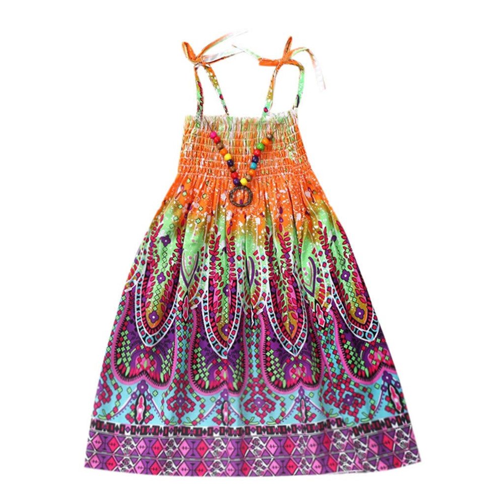 Baby Girls Sundress for 1-8 Years Old Kids Children Vestidos Floral Bohemian Beach Straps Dress Necklace Sets (5-6 Years Old, Orange)