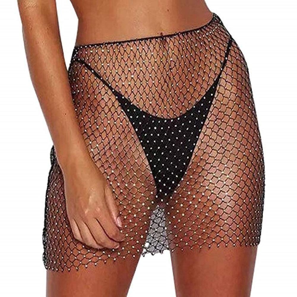 AIBEARTY Women's Sexy Glitter Rhinestone Mesh See Through Mini Skirt Hollow Out Bikini Cover Up Club Festival Rave Outfit Black