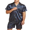 Sanraflic Men's Satin Pajamas Short Button-Down Pj Set Sleepwear Loungewear (Blue/Golden, L) view 2