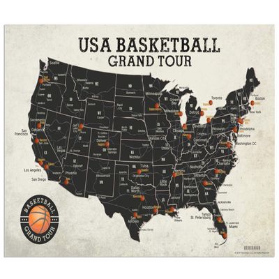 GEOJANGO Basketball Stadium Map Poster (36x24) - NBA Team Locations, Satin Finish, Black, Brown, Tan, Beige