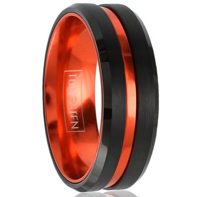 Awesome 6mm/8mm Brushed Satin Finish Black Tungsten Carbide Band Ring with Metallic Persimmon Orange Stripe & Matching Orange Anodized Aluminum Comfort Fit Inner Band. (tungsten (8mm), 14)