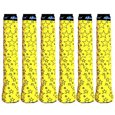 ALIEN PROS Tennis Racket Grip Tape (6 Grips)  Precut and Dry Feel Tennis Grip  Designer Tennis Overgrip Grip Tape Tennis Racket  Wrap Your Racquet for High Performance (6 Grips, Yellow Stars)