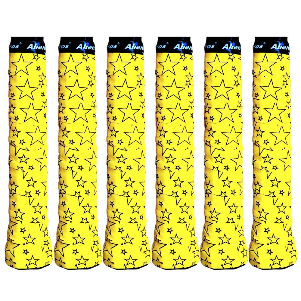 ALIEN PROS Tennis Racket Grip Tape (6 Grips) Precut and Dry Feel Tennis Grip Designer Tennis Overgrip Grip Tape Tennis Racket Wrap Your Racquet for High Performance (6 Grips, Yellow Stars)