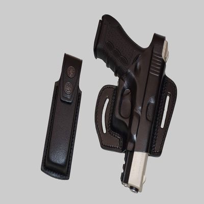 ALIS34090 Pancake Leather Holster Open-end Thumb Break RH & Single Magazine Pouch for Glock 17 19 22 23 Handmade!