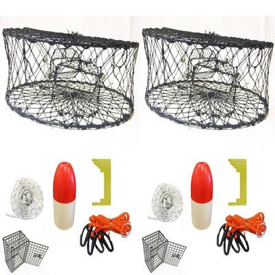 2-Pack of KUFA Sports Foldable Crab Trap with Red/White Floats, Harness, Bait Bag, Crab Caliper & Non-Lead Sinking Line Combo (CT50+CES1) x2