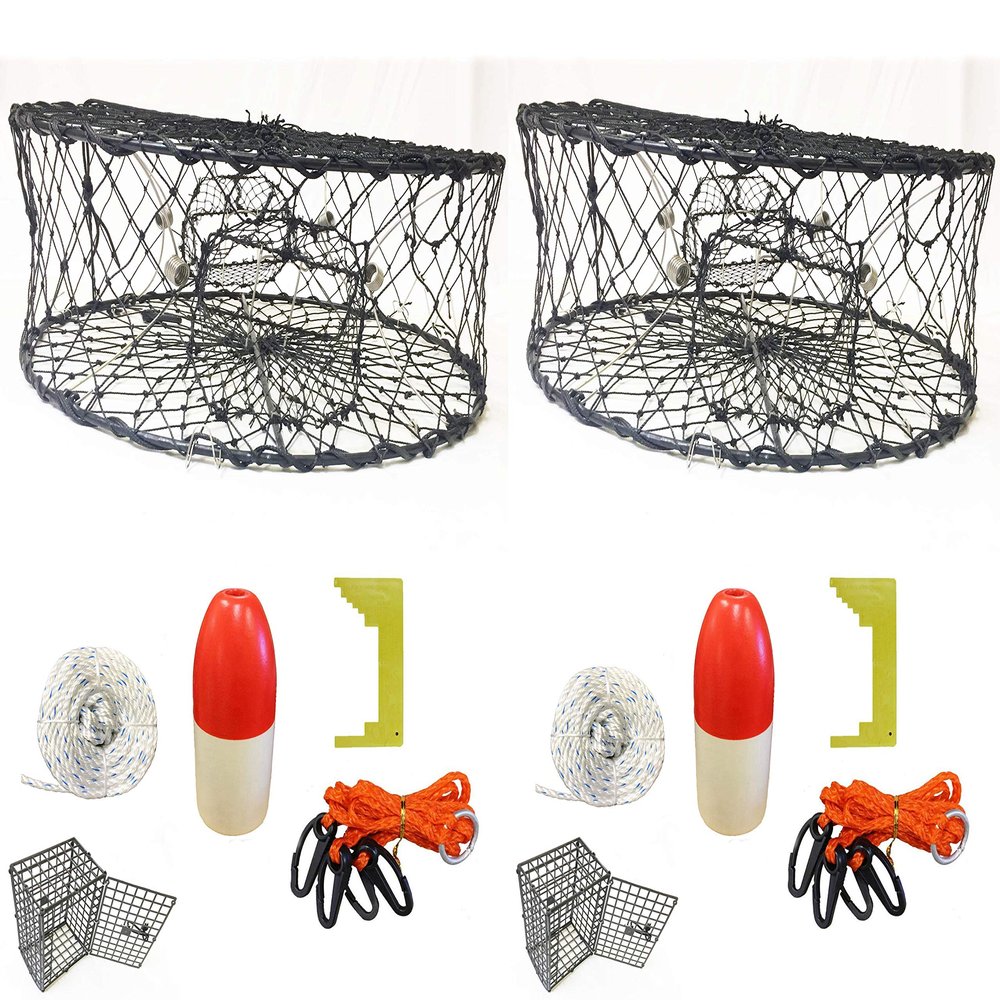 2-Pack of KUFA Sports Foldable Crab Trap with Red/White Floats, Harness, Bait Bag, Crab Caliper & Non-Lead Sinking Line Combo (CT50+CES1) x2