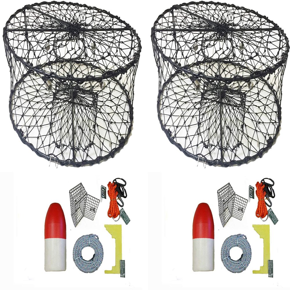 2-Pack of KUFA Sports Foldable Crab Trap with Red/White Floats, Harness, Bait case, Lead Core Sinking Line & Crab Caliper Combo (CT50+CEC1) x2
