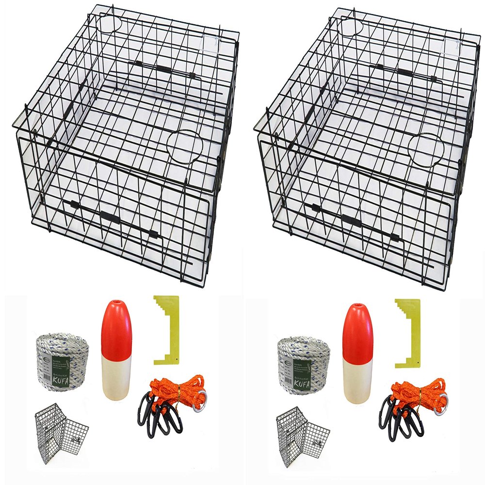 2-Pack of KUFA Vinyl Coated Crab Traps & Accessory Kits (100' Non-Lead Sinking line,Caliper,Harness,Bait Bag & 11" Float) (S70+CEM1) x2