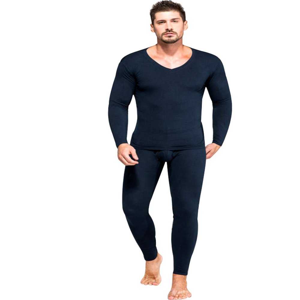 Jueshanzj Men's Solid Color V-Neck Thermal Underwear Set M Navy