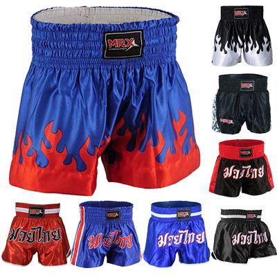 MRX Muay Thai Shorts for Men Training, Kickboxing, Fighting, Boxing Shorts for Martial Arts, Grappling, Cage Fight, BJJ Blue/Red Flame Large