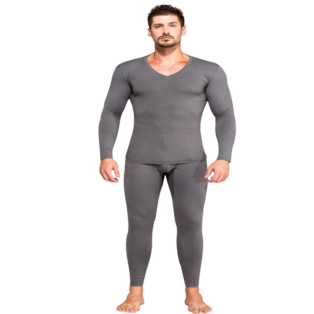 Jueshanzj Men's Solid Color V-Neck Thermal Underwear Set XL Dark Gray