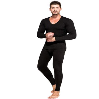 Jueshanzj Men's Solid Color V-Neck Thermal Underwear Set M Black