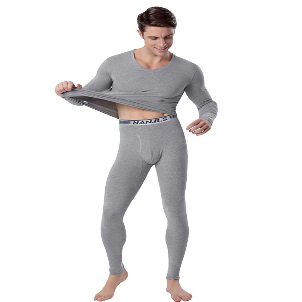 Jueshanzj Men's V-Neck Thermal Underwear Set XXL Light Gray