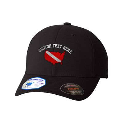 Custom Flexfit Hats for Men & Women U.S.A. Scuba Dive Flag Map Embroidery Polyester Dad Hat Baseball Cap Black Personalized Text Here SmallMedium