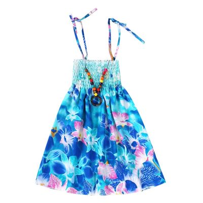 Baby Girls Sundress for 1-8 Years Old Kids Children Vestidos Floral Bohemian Beach Straps Dress Necklace Sets (7-8 Years Old, Blue)