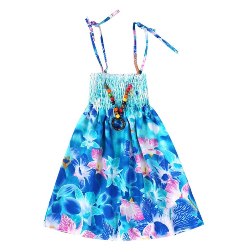 Baby Girls Sundress for 1-8 Years Old Kids Children Vestidos Floral Bohemian Beach Straps Dress Necklace Sets (7-8 Years Old, Blue)